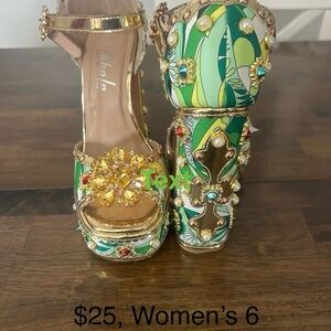 Stylish Green and Gold Women's Platform Heels